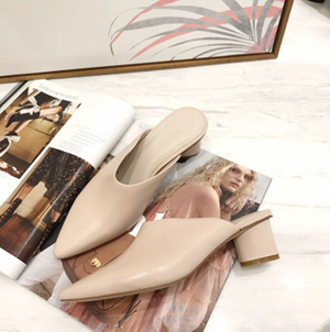 Color: Nude, Size: 39 - Leather Half Slippers Mules Versatile Thick Heel High Heel Slippers Q119-CJNS101881422VE