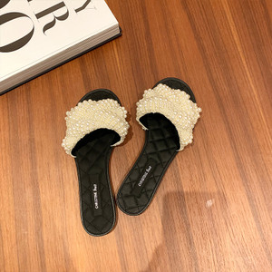 Small Fragrant Leather One-word Pearl Slippers Women Sandals For Outer Wear Q119-CJNS1212329