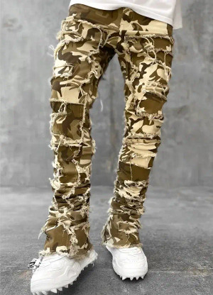 Color: Brown, Size: XL - Men's Regular Fit Stacked Jeans Ripped Slim Fit Patch Distressed Destroyed F640-12000041500299365