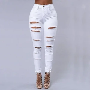 Color: WHITE, Size: XL - Women's Ripped Tight Sexy Large Size Skinny Pants Jeans for Women F640-12000017258738169