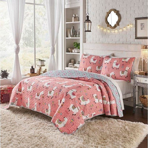 Full/Queen Pink Blue Reversible Floral Llama 100-Percent Cotton Quilt Set Q280-PBLP5788