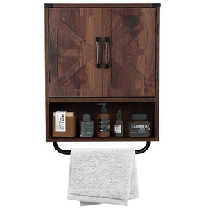 Farmhouse Bathroom Wall Cabinet with Towel Bar in Brown Wood Finish Q280-JWBDWN653917581