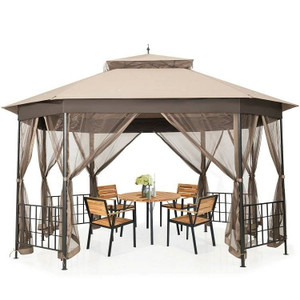 Outdoor 10 x 12 Ft Octagon Gazebo with Mosquito Net Sidewalls and Brown Canopy Q280-TBOPGM37917824