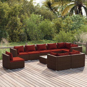 10 Piece Patio Lounge Set with Cushions Poly Rattan Brown A949-3102635