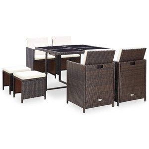 9 Piece Patio Dining Set with Cushions Poly Rattan Brown A949-42526