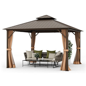 12 x 12 Feet Double-Roof Patio Hardtop Gazebo with Galvanized Steel Roof Netting and Curtains-Coffee B593-NP11435+