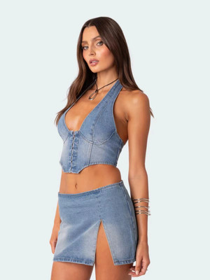 Color: Blue Denim Corset, Please Input: L - Lace Up Denim Tight Fitting Corset Q119-CJKH206386004DW