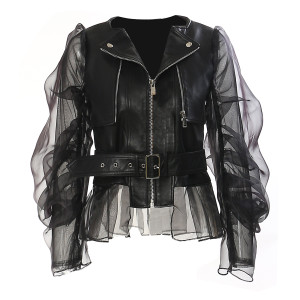 Domineering Stitching Mesh Transparent Leather Coat Motorcycle Jacket Q119-CJYD1981961
