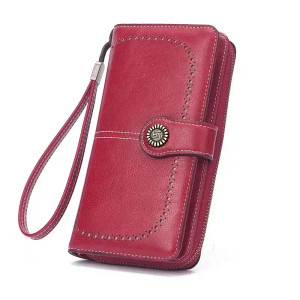 Color: Orange - New Retro Long Purse Vintage Solid Color Oil Wax Hollowed Out Wallet Multifunction  F640-12000038817288980