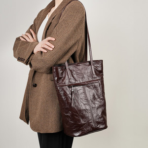 First Layer Pleated Cowhide Lazy Bucket Bag Q119-CJNS1994553