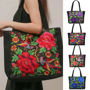 Color: Gold - Ethnic Style Women Shoulder Bag Casual Canvas Large Capacity Embroidered Tote Bag Han F640-12000039387557548