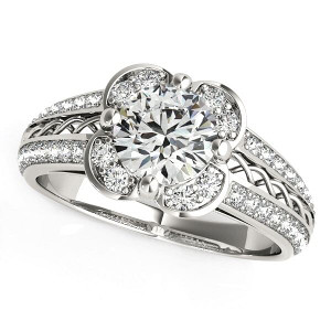 Size: 6.5 - Round Diamond Floral Motif Engagement Ring in 14k White Gold (1 3/8 cttw) P150-51346-6.5