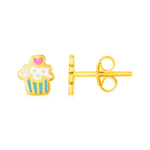 14k Yellow Gold and Enamel Cupcake Stud Earrings P150-65095