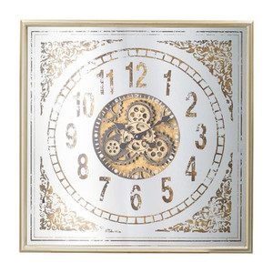 32" Square Gold and Silver Wood and Mirror Analog Exposed Gear Wall Clock N270-485983