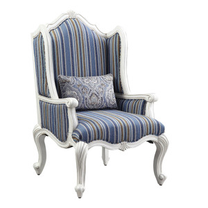 31" Blue White And Brown Fabric And White Striped Wingback Chair N270-491130