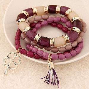 Golden Four-leaf Clover and Tassel Pendants Multi-layer Beads Fashion Bracelet - Grape A392-fabr1198
