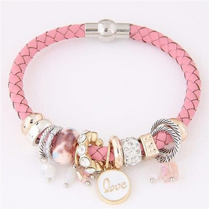 Assorted Rings and Love Pendant Weaving Pattern Leather Fashion Bracelet - Pink A392-fabr1821