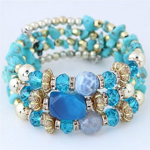 Bohemian Fashion Crystal and Artificial Turquoise Mixed Design Triple Layers Fashion Bracelet - Blue A392-fabr1852