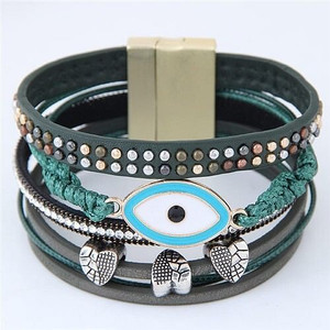 Unique Eye and Beaking Hearts Design Multi-layer High Fashion Leather Bangle - Green A392-fabr1868
