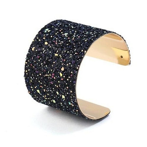 Sequins Attached Wide Style High Fashion Open-end Bangle - Black A392-fabr2108