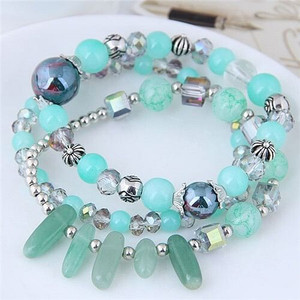 Crystal Ball and Seashell Combo Triple Layers High Fashion Bracelet - Green A392-fabr2227