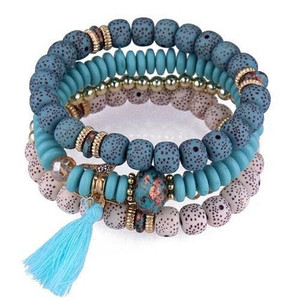 Vintage Spots Beads Triple Layers with Cotton Thread Tassel Women Fashion Bracelet - Blue A392-fabr2243