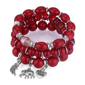 Heart Wing and Elephant Pendants Triple Layers Women Fashion Beads Bracelet - Red A392-fabr2255