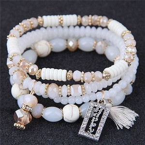 Word Happy Pendant with Cotton Threads Tassel Multiple Layers Beads Fashion Bracelet - White A392-fabr2283