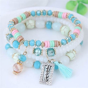 Word Happy Pendant with Cotton Threads Tassel Multiple Layers Beads Fashion Bracelet - Multicolor A392-fabr2287