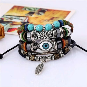 Alloy Feather Pendant Folk Style Multi-layer Leather Bracelet A392-fabr2344