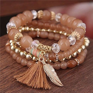 Alloy Feather Pendant Multi-layer High Fashion Women Beads Bracelet - Brown A392-fabr2358