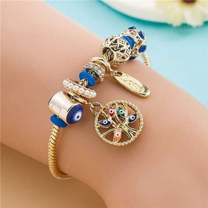Hollow Metal Ball Beads and Colorful Eyes Tree Multi-element Wholesale Charm Bracelet - Blue A392-fabr2747