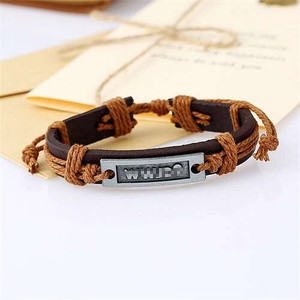 Simple Design Metal Letter Plate Decorated Vintage Leather Rope Man Bracelet - Light Brown A392-fabr2931