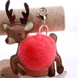 Lovely Deer with Fluffy Ball Christmas Element Handbag Pendant Accessories Wholesale Key Chain - Red A392-fakc0120