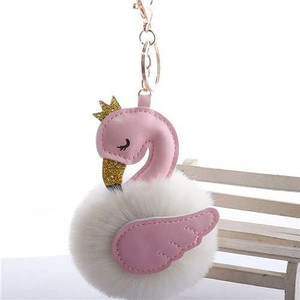 Lovely Swan Fluffy Ball Women Car Pendant Unique Design Accessories Wholesale Key Chain - Pink Milk A392-fakc0180