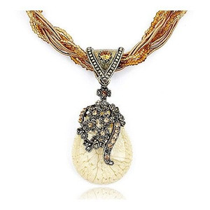 Luxuriant Flowers Attached Water-drop Pendant Bohemian Necklace - Ivory A392-fane0859