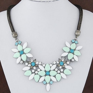 Summer Fashion Rhinestones Gems Floral Combo Snake Chain Costume Necklace - Green A392-fane1479