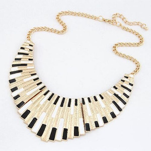 Oil-spot Glazed Fan-shaped Goden Pendant Punk Fashion Necklace - Black and White A392-fane3192
