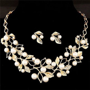 Pearl Decorated Fruits Twig Design Statement Fashion Necklace and Earrings Set - Golden A392-fane3396