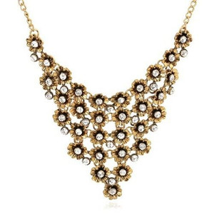 Rhinestone Inlaid Vintage Flowers Cluster High Fashion Women Statement Necklace - Golden A392-fane5436
