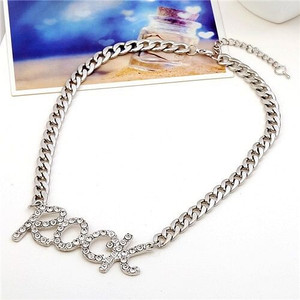 Rhinestone Embellished Rock Pendant Chunky Chain Design High Fashion Necklace - Silver A392-fane5762