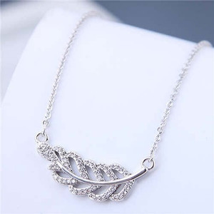 Luxrious Fashion Cubic Zirconia Leaf Pendant Korean Style Women Costume Necklace - Silver A392-fane6067