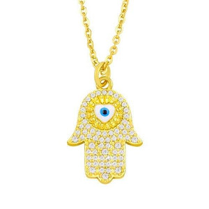 Attractive Heart Shape Eye Palm Design Pendant U.S. Fashion Wholesale Jewelry Copper Necklace - Blue A392-fane7005