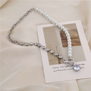 Alloy Chain and Pearl Combo Wholesale Jewelry Shining Rhinestone Pendant Bling Necklace - Silver A392-fane7015