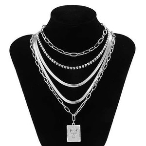 Rhinestone Inlaid Butterfly Pendant Multi-layer Chain Boutique Fashion Women Necklace - Silver A392-fane7070