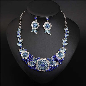 European and American Style Blooming Flower Rhinestone Prom Fashion Necklace and Earrings Set - Blue A392-fane7306