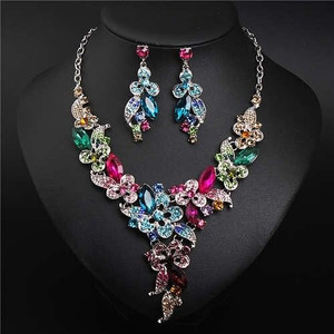 Gorgeous Shining Glass Women Evening Dress Floral Pattern Necklace and Earrings Set - Multicolor A392-fane7313