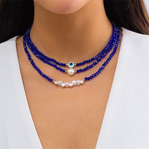 Blue Beads Chain Classic Blue Color Eye and Pearl Pendants Three-layers Necklace A392-fane7460