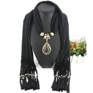 Classical Gem Waterdrop Pendant Fashion Scarf Necklace - Black A392-fasn0132