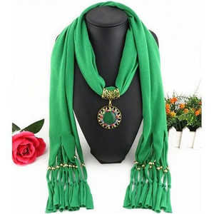 Gem Inlaid Sun Shape Design Pendant Tassel Fashion Scarf Necklace - Green A392-fasn0222